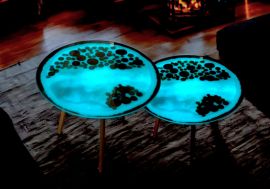 3D havskonst glas soffbord set, lysande på natten DeepBlue