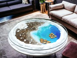 3D-strandkonst rund glas soffbord som lyser på natten – Beach4me